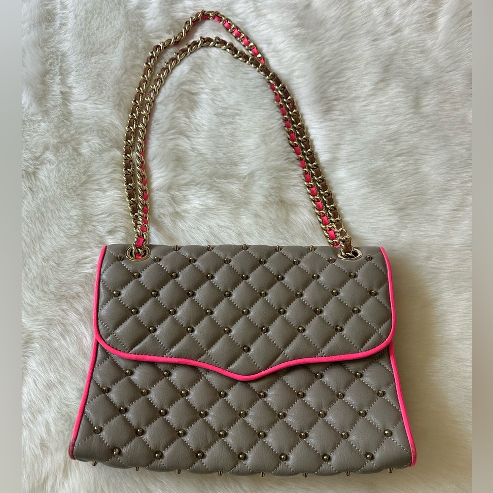 Rebecca Minkoff Affair Taupe studded bag with pink piping EUC